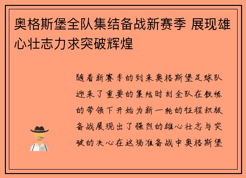 奥格斯堡全队集结备战新赛季 展现雄心壮志力求突破辉煌