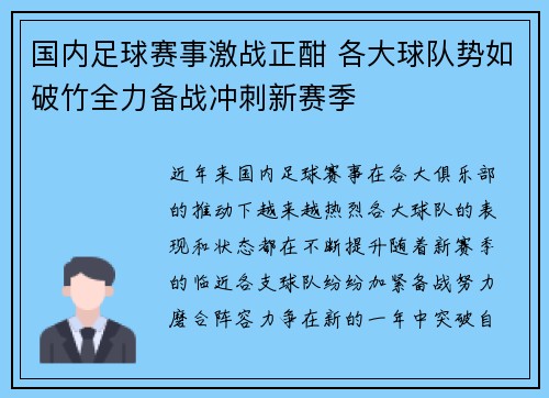 国内足球赛事激战正酣 各大球队势如破竹全力备战冲刺新赛季