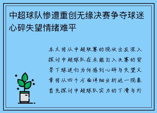 中超球队惨遭重创无缘决赛争夺球迷心碎失望情绪难平