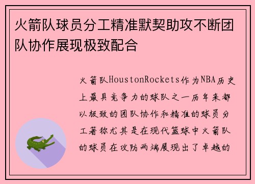 火箭队球员分工精准默契助攻不断团队协作展现极致配合